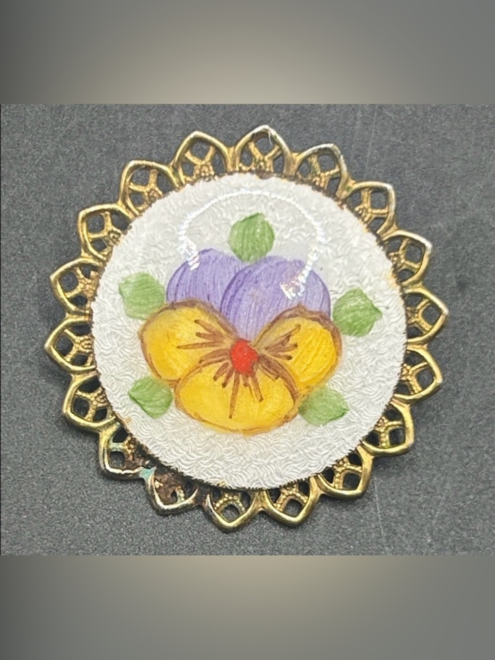 Vintage Basse Taille Enamel Hand Painted Floral Brooch w/ Filigree Metal Accents